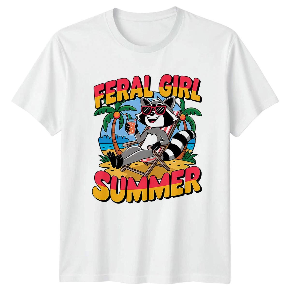 Feral Girl Summer Raccoon Beach Vacation Graphic T-Shirt S