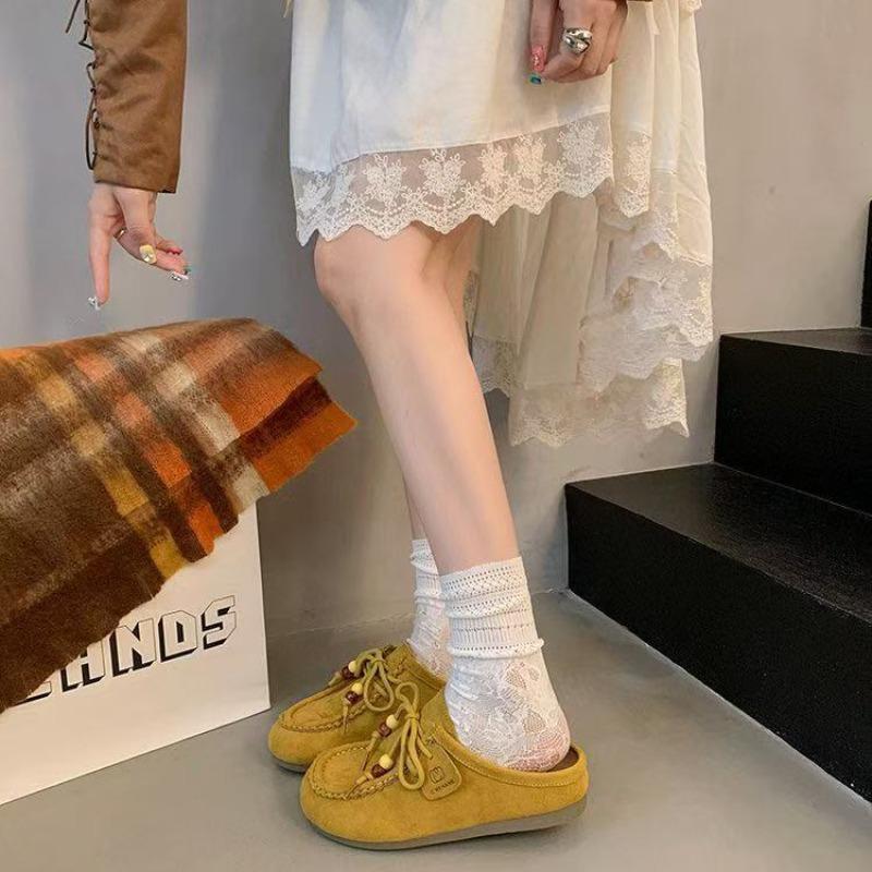 Retro Beaded Baotou Boken Half Slippers Autumn New One-pedal Thick-soled Literary and Versatile Slippers