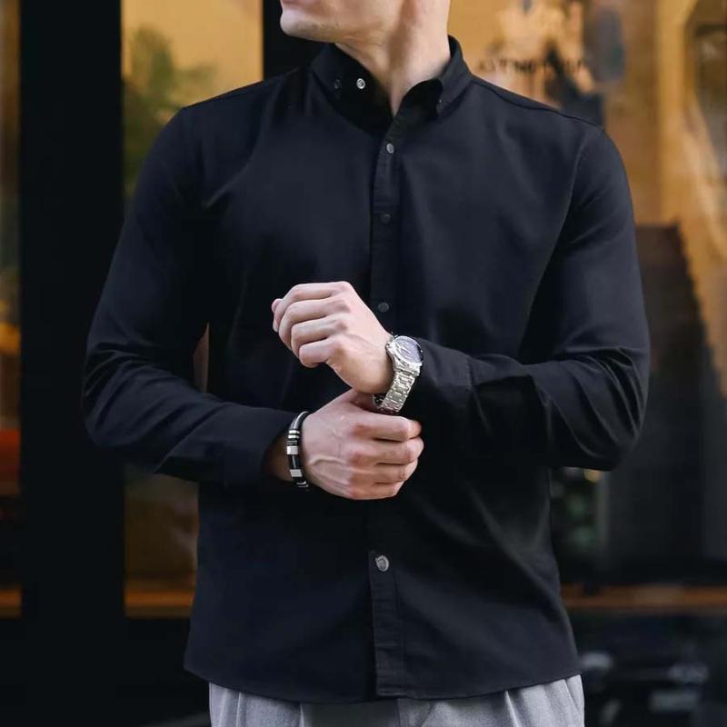 

Мужские стильные повседневные топы с длинным рукавом: Полуформальные деловые рубашки на пуговицах Однотонные базовые слои для мужского гардероба S чёрный