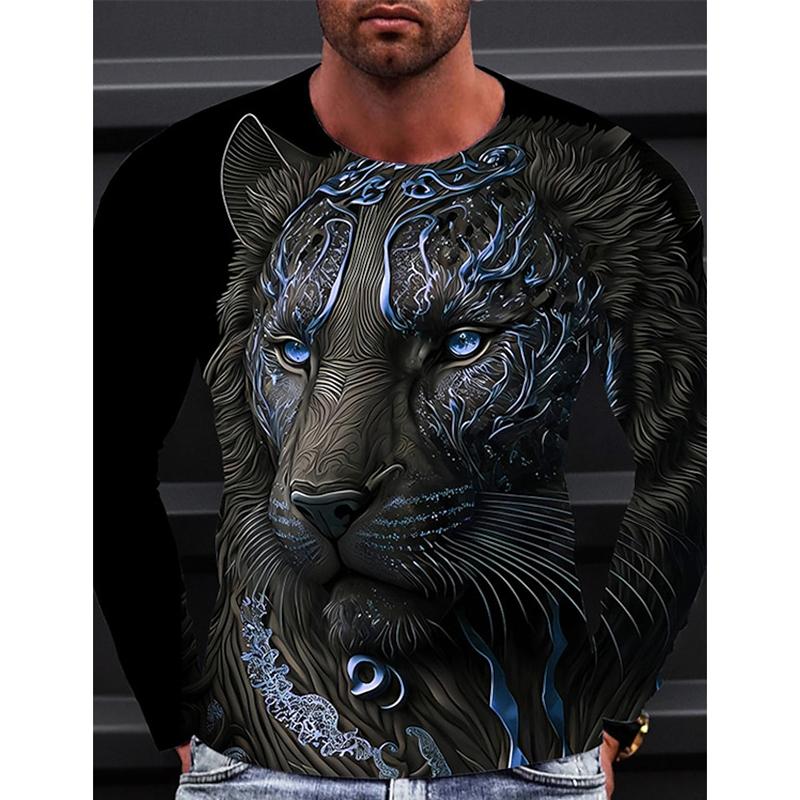 Men Long Sleeve Crewneck Print Fierce Animal Pattern Y2K Fashion Men's Shirt Long Sleeve Street Retro Style Men's Wear