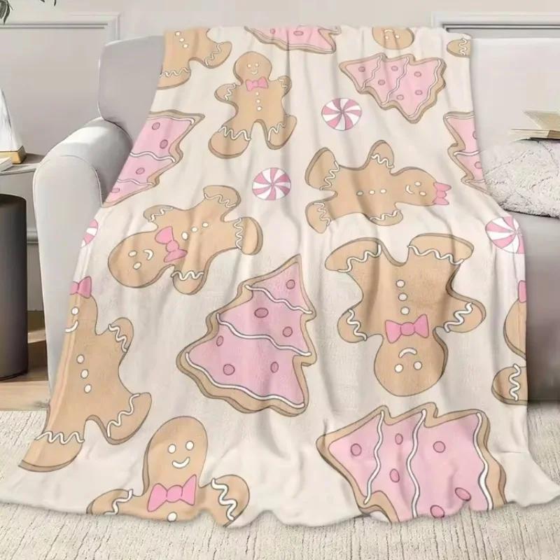 1pc Flannel Blanket Christmas Theme Pink Gingerbread Biscuit Pattern, Can Be Used for Sofa Lunch Break Travel Holiday Gift