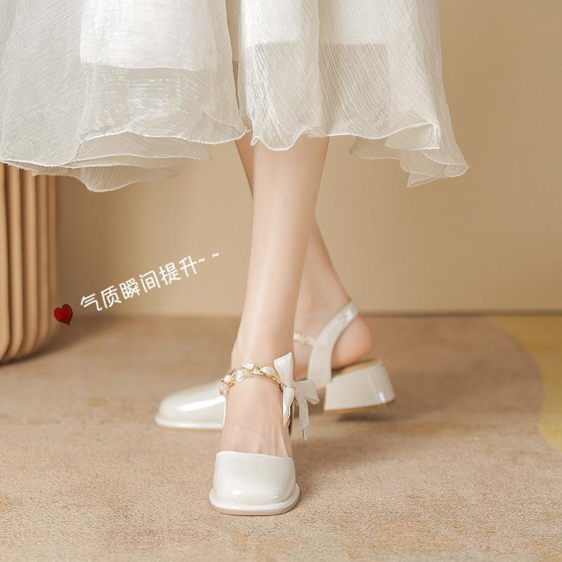 Summer New Sandals Women's Spring Wear Thick Heel Bow with Skirt Bag Head Mary Jane Single Shoes