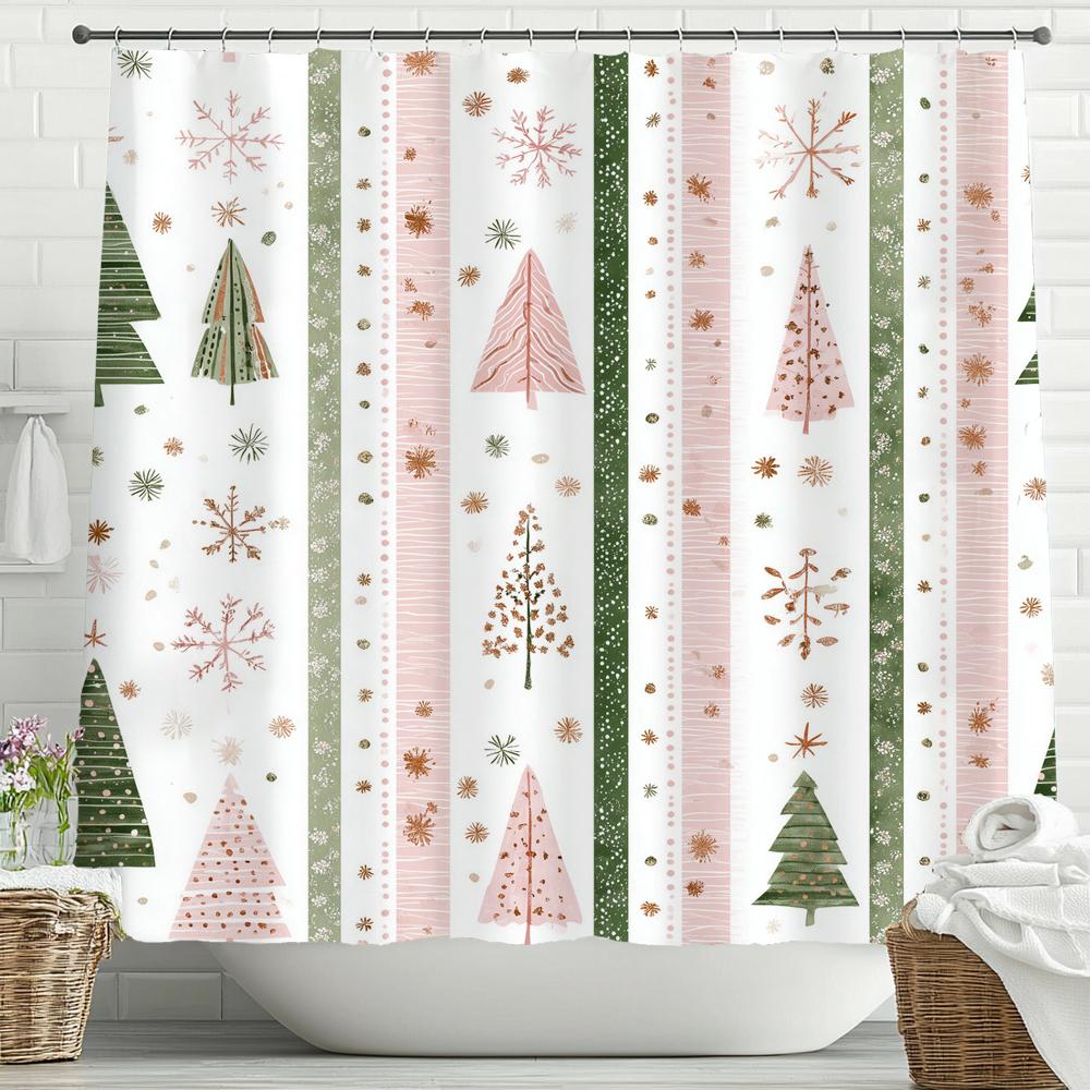Merry Christmas Cartoon Shower Curtain, Bathroom Decorative Shower Curtain, Printed Christmas Tree Shower Curtain with Hooks