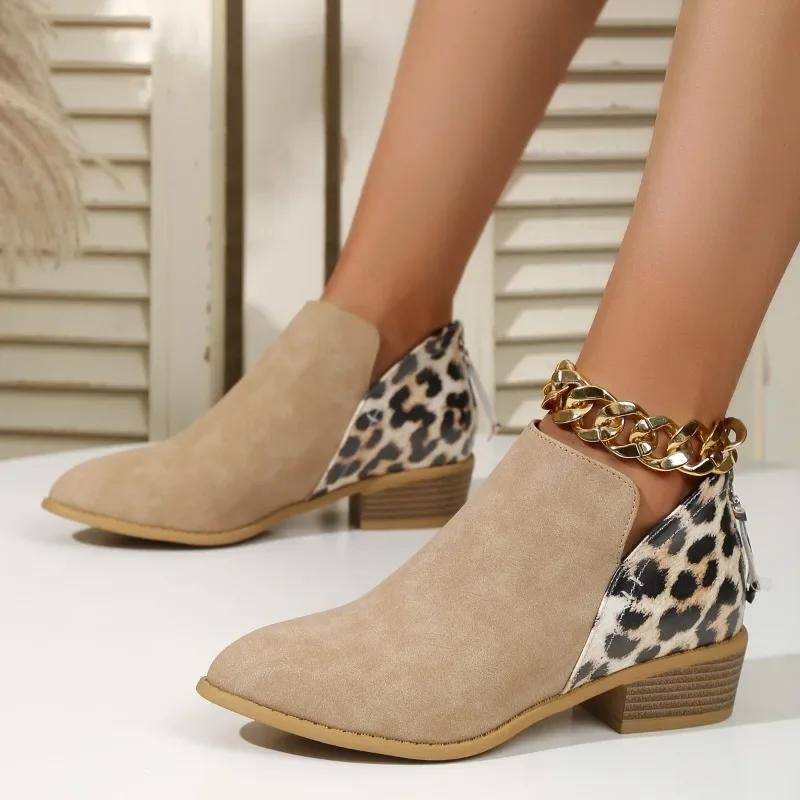 New Patchwork Leopard Ankle Boots Women Back Zipper Low Heels Short Boots Woman Autumn Pointed Toe Booties Plus Size