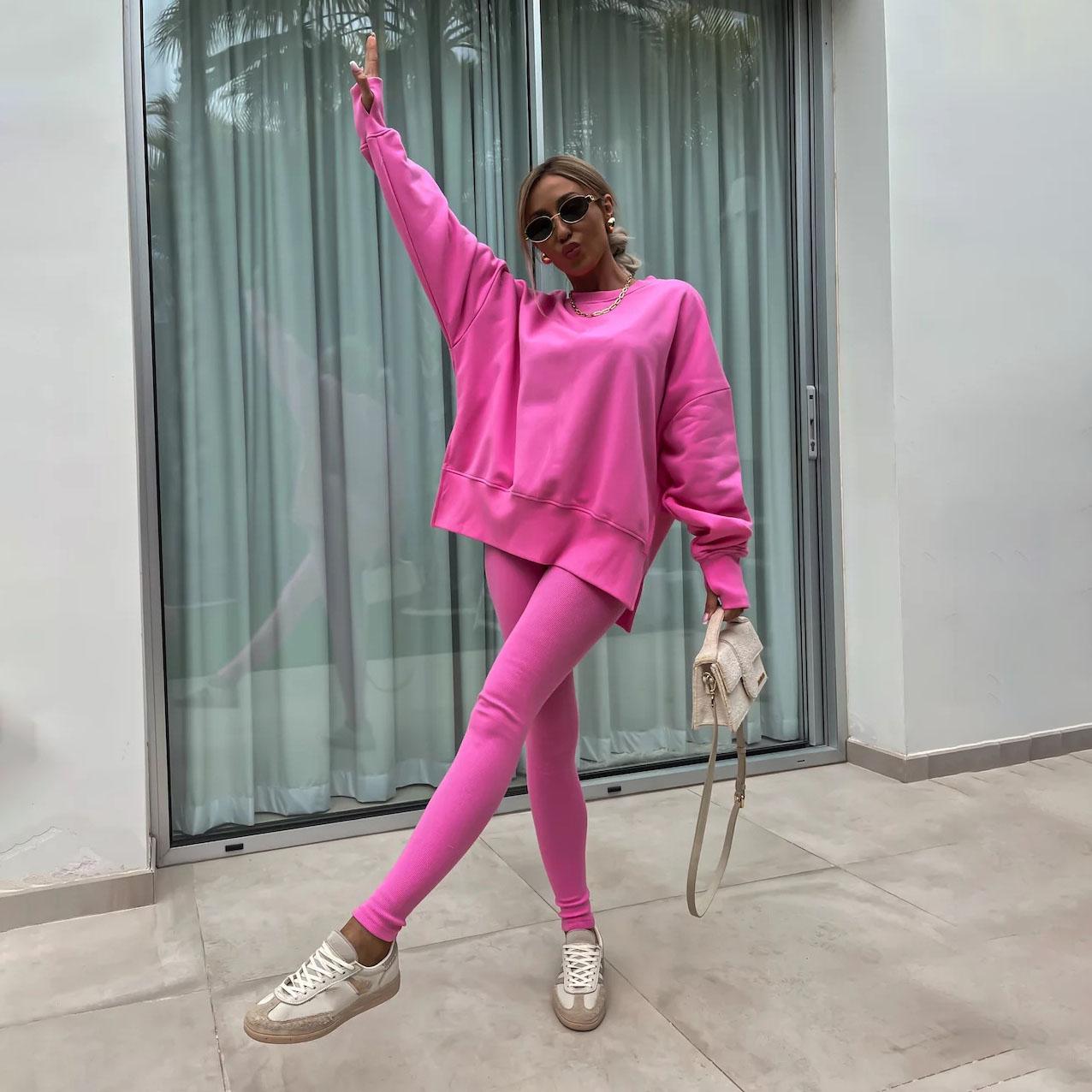 

Женский однотонный костюм с длинным рукавом и круглым вырезом, свободный топ, широкие брюки, осень-зима S розовый