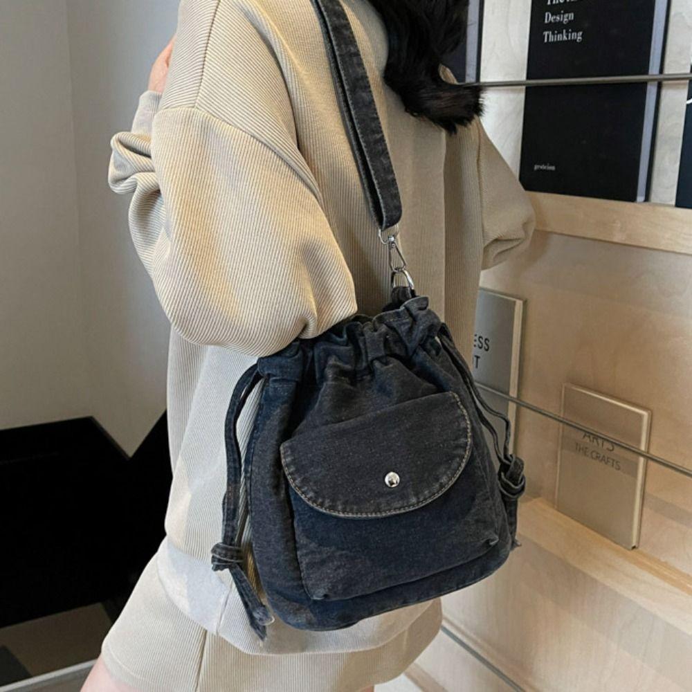 Korean Style Retro Denim Shoulder Bag Crossbody Bag Solid Color Drawstring Bucket Bag Wallet Bags Purse Mobile Phone Bag Men