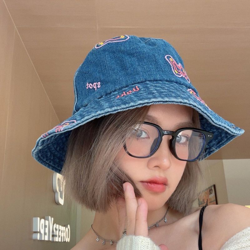 Fashion Butterfly Embroidery Fisherman Hat for Women Blue Denim Wide Brim Sunshade Dome Bucket Hat Girls Ladies Outdoor Hat