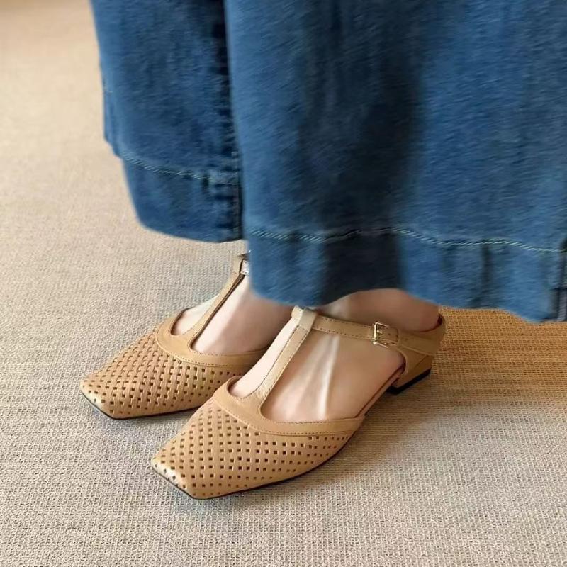 2025 Summer New Women's Hollow-out Cow Leather Metal Buckle Slip-on Mary Jane Flats Slides Sandal Elegant Ladies Shoes