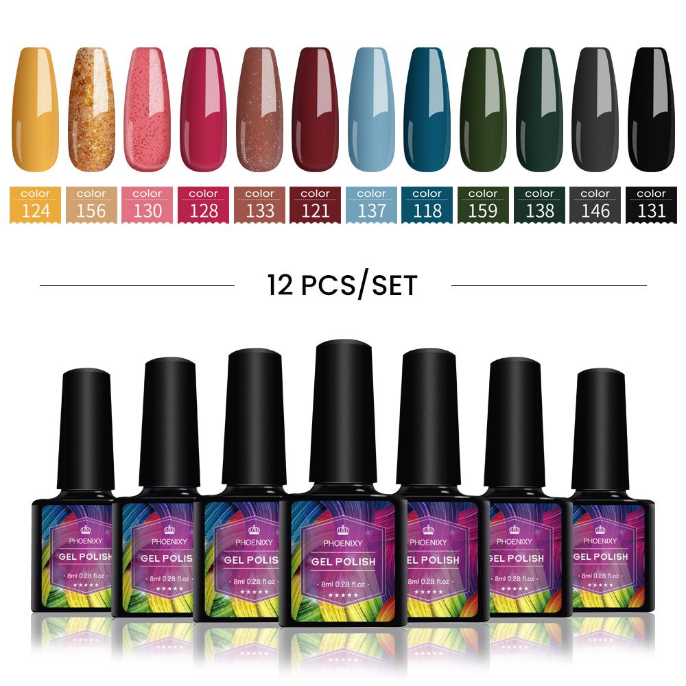 PHOENIXY 4/12/18 Farben Gel-Nagellack-Set Gel-Lack-Kit zum Einweichen der Maniküre Semi-permanente Hybridlacke Basis und Top Nail Art