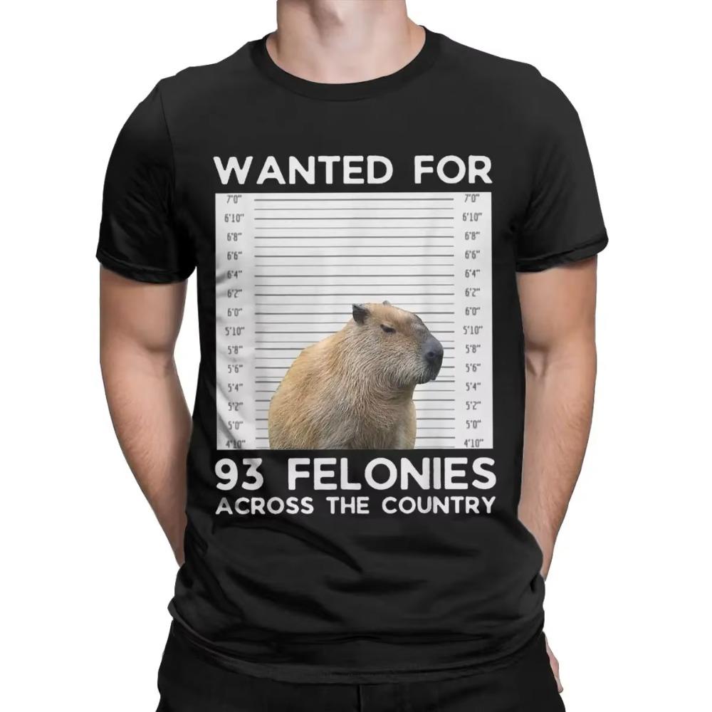 Vintage Capybara Mugshot Wanted For 93 Felonies Across The Country T-Shirts for Men Cotton T Shirts Tee Shirt Plus Size Clothes