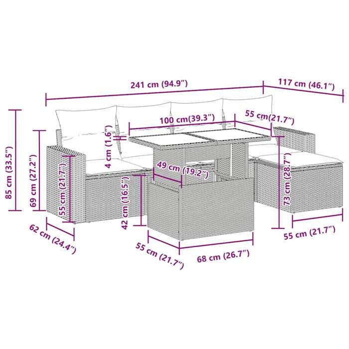 VidaXL Salon de jardin avec coussins 6pcs marron résine tressée acacia, ensemble de canapés d'extérieur, salon de jardin 3326305