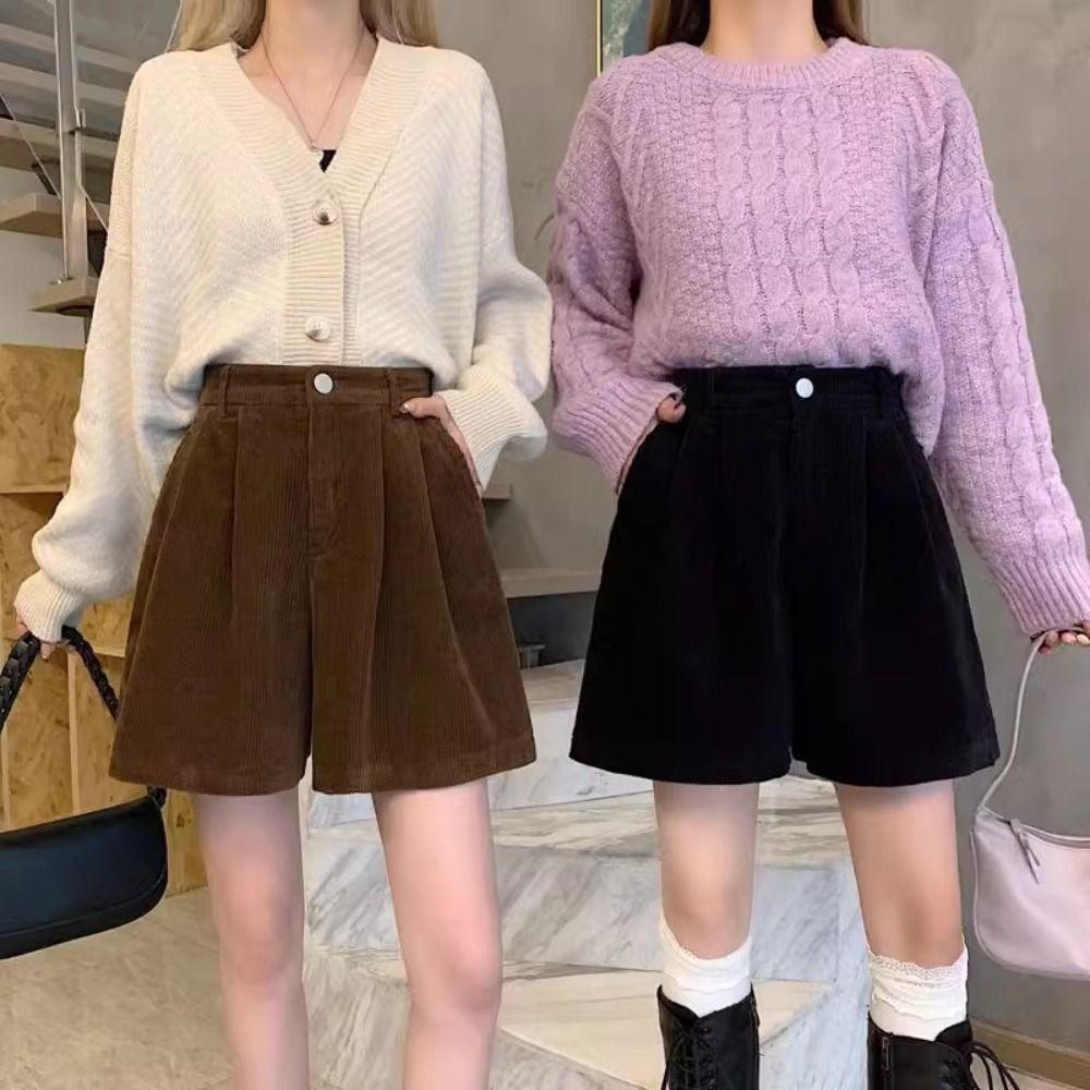 Elastic Women Corduroy Shorts Stripe Loose Streetwear Simple Wide Leg Short Pants  Daily