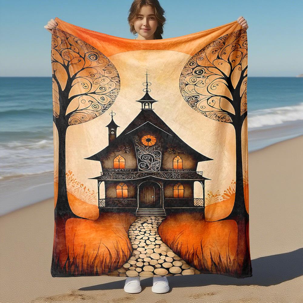 1pc haunted house autumn Outdoor Flannel Blanket Soft Warm All-Season Throw for Sofa Bed Car Camping Office, Cozy Gift Idea1256S