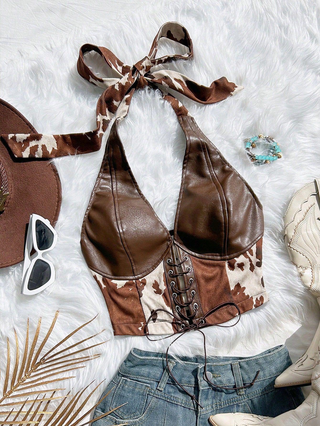 

2025 Trendy Low-Cut Lace-Up PU Leather Halter Print Vest Large кофейный