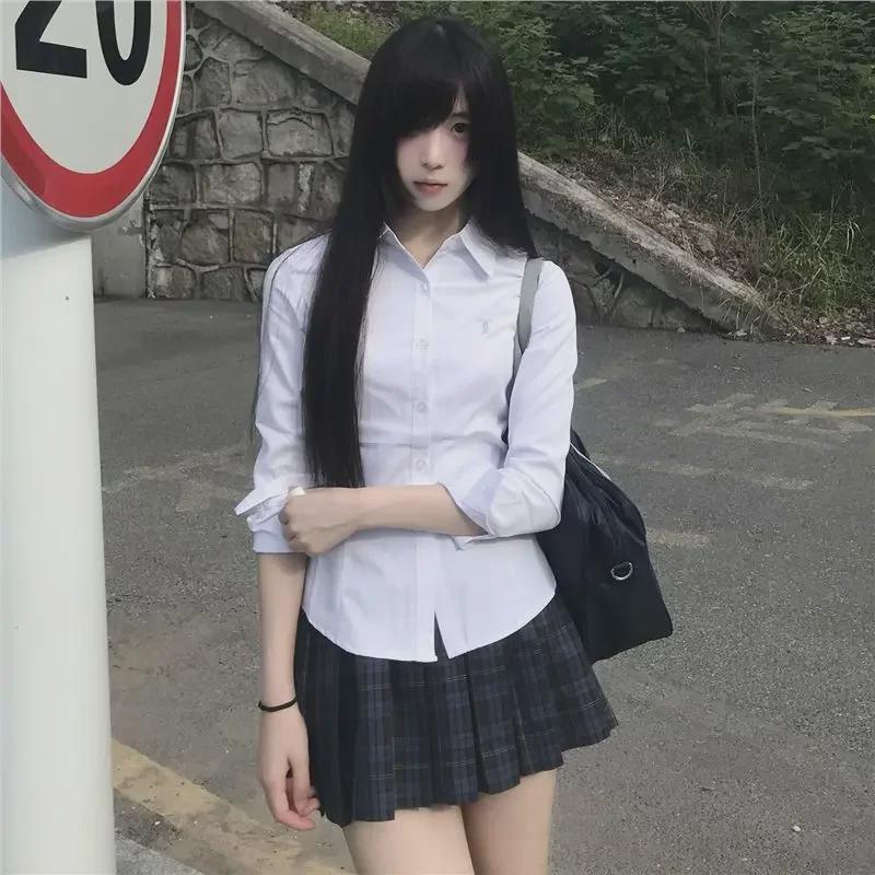 New Xiaozhichuan White Slim-Fit Long-Sleeved Women's Shirt - Autumn College JK Style with Embroidery
