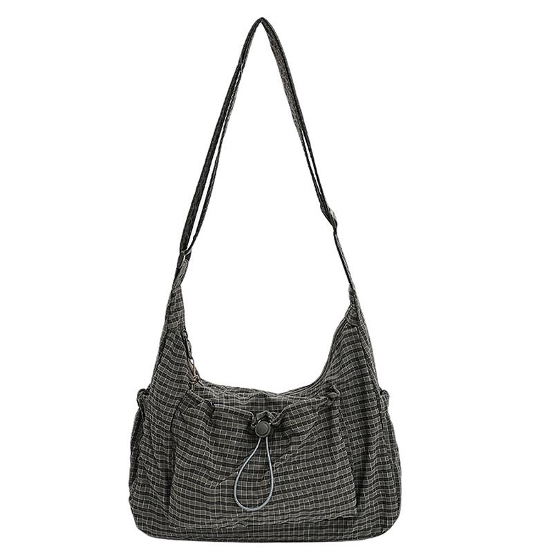 Korean Style Plaid Casual Shoulder Bag, Lightweight Checkered Crossbody Bag With Adjustable Strap, Cotton Quilted Fabric Handbag