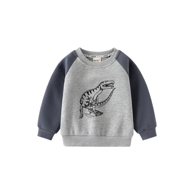 Boys' Fleece-Lined Sweater Autumn and Winter Children Single-Layer Fleece-Lined Long Sleeves Outwear Children Dinosaur Raglan Sleeve Pullover Tops