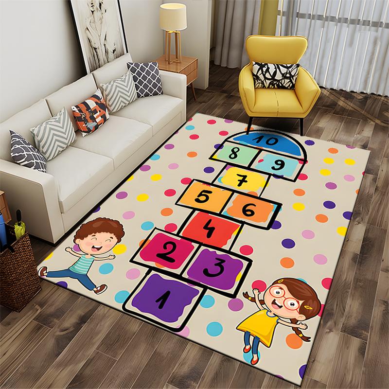 Colorful hopscotch rug with playful kids design. Non-slip rug suitable for living room and bedroom sofas.