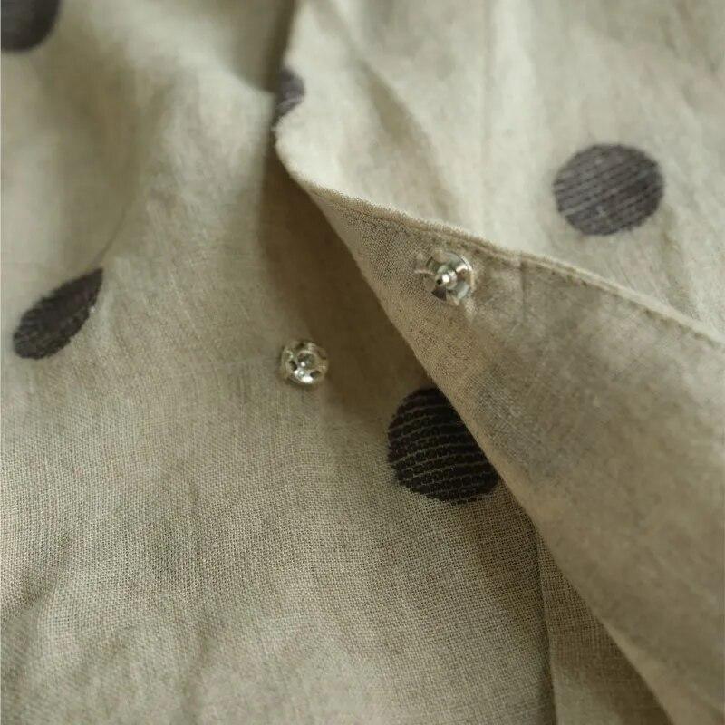 Johnature Women Vintage Linen Shirts Polka Dot Stand Long Sleeve Tops Spring Chinese Style Button Blouses