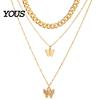 Double Butterfly Necklace 3-Layered Necklace, Women Rhinestone Pendant Chunky Chain Layered Choker, Dainty Charm Jewelry Gift for Her Trendy