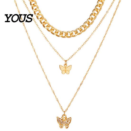 Double Butterfly Necklace 3-Layered Necklace, Women Rhinestone Pendant Chunky Chain Layered Choker, Dainty Charm Jewelry Gift for Her Trendy