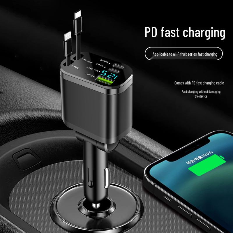 Five-in-One Car Charger with Digital Display and Retractable Cable, PD Fast Charging, and Cigarette Lighter Adapter