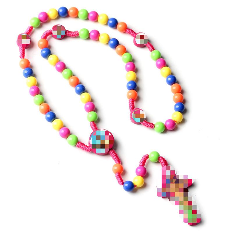 Colorful Beaded Cartoon Cross Rosary Necklace for Kids