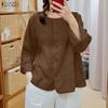 Women Casual Round Neck Solid Color Long Sleeve Blouse