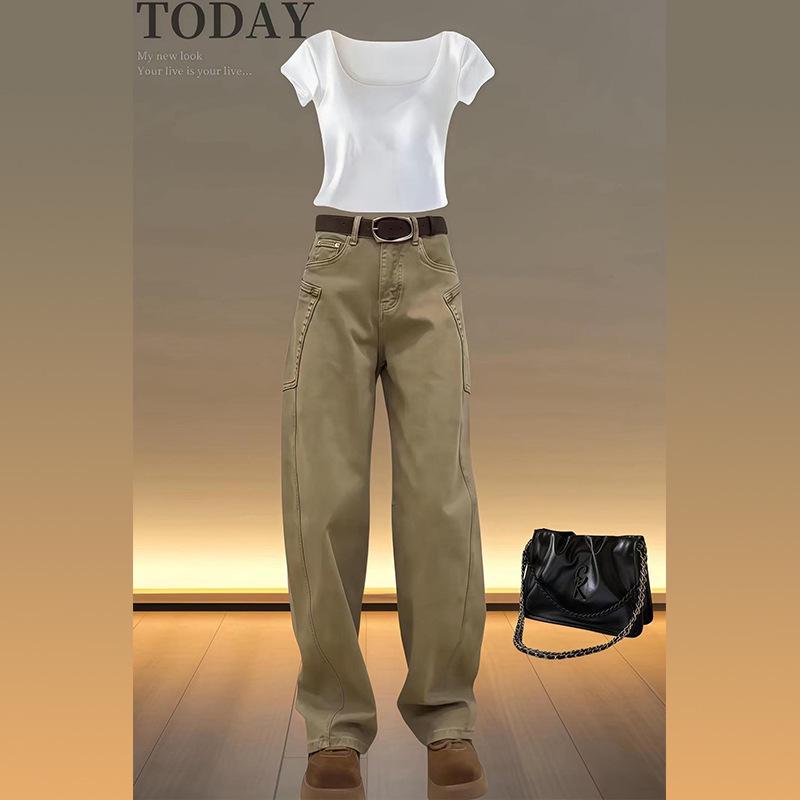 

Джинсы хаки с высокой посадкой и широкими штанинами для женщин с фигурой «груша» - Стройнящие, больших размеров, брюки в стиле весна/осень 3XL