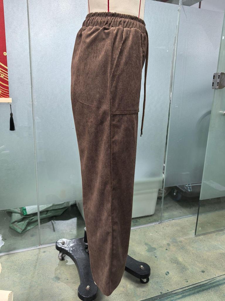 2026 Spring Elastic High Waist Lace-Up Corduroy Pants, Wide-Leg, with Pockets, Casual Long Trousers.