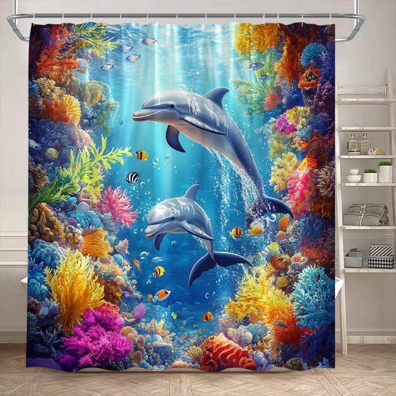 VIKAMA Underwater World Theme Shower Curtain - Waterproof and Mold-Resistant Bathroom Partition Curtain for Home Decoration