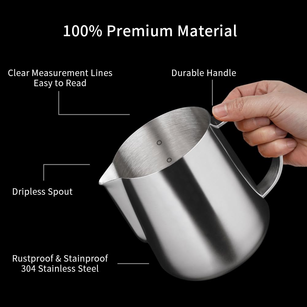 Watchget Milk Pitcher, Milk Jug, Latte Art Pitcher, Milk Frother Jug, Milk Frothing Pitcher with Graduated Marks, Stainless Steel, 500ml (16oz)
