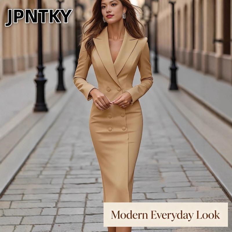JPNTKY Women's Fashion Autumn Winter Solid Color Print Long Sleeve POLO Neck Casual Dresses