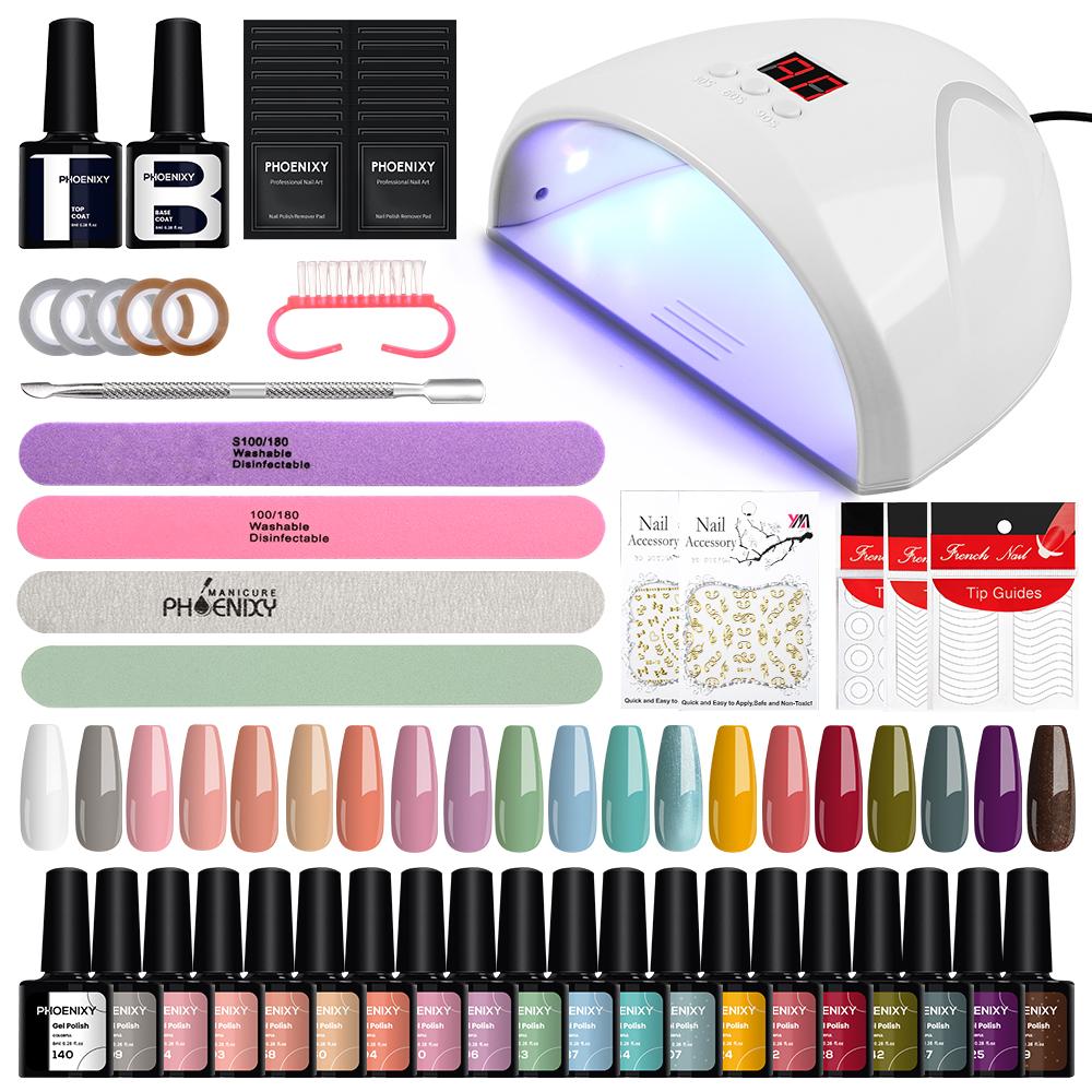 PHOENIXY Set de lac de unghii cu gel 20 de culori Kit de lac hibrid de culoare pura cu lampă LED UV de 36W Set de instrumente pentru manichiura pentru începători