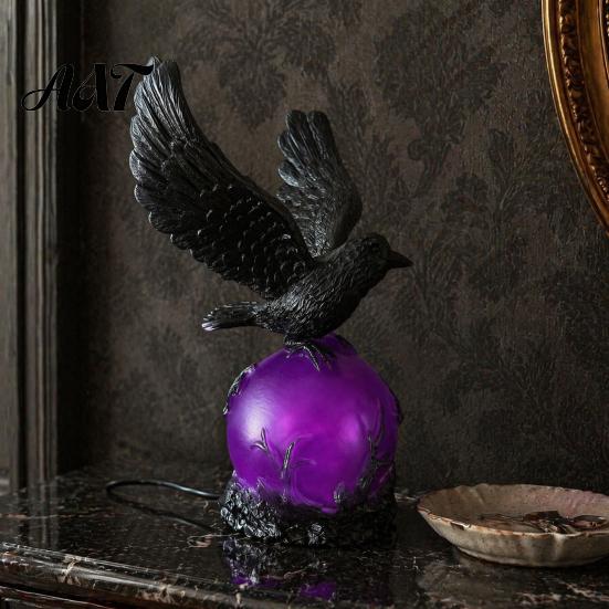Hand Painted Sculpture Gothic Raven LED Ball Lamp, Mysterious Crow On Orb Sculpture, Whimsical Room Lighting Halloween Decorative Table Lamp