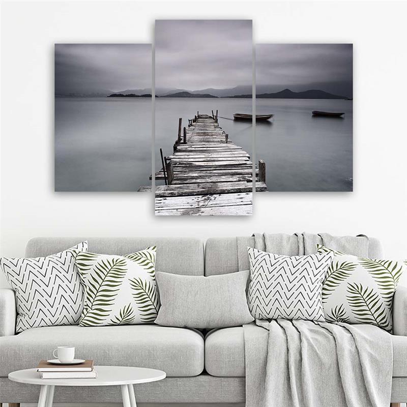 Three Piece Picture Canvas Print Footbridge Lake Nature Grey