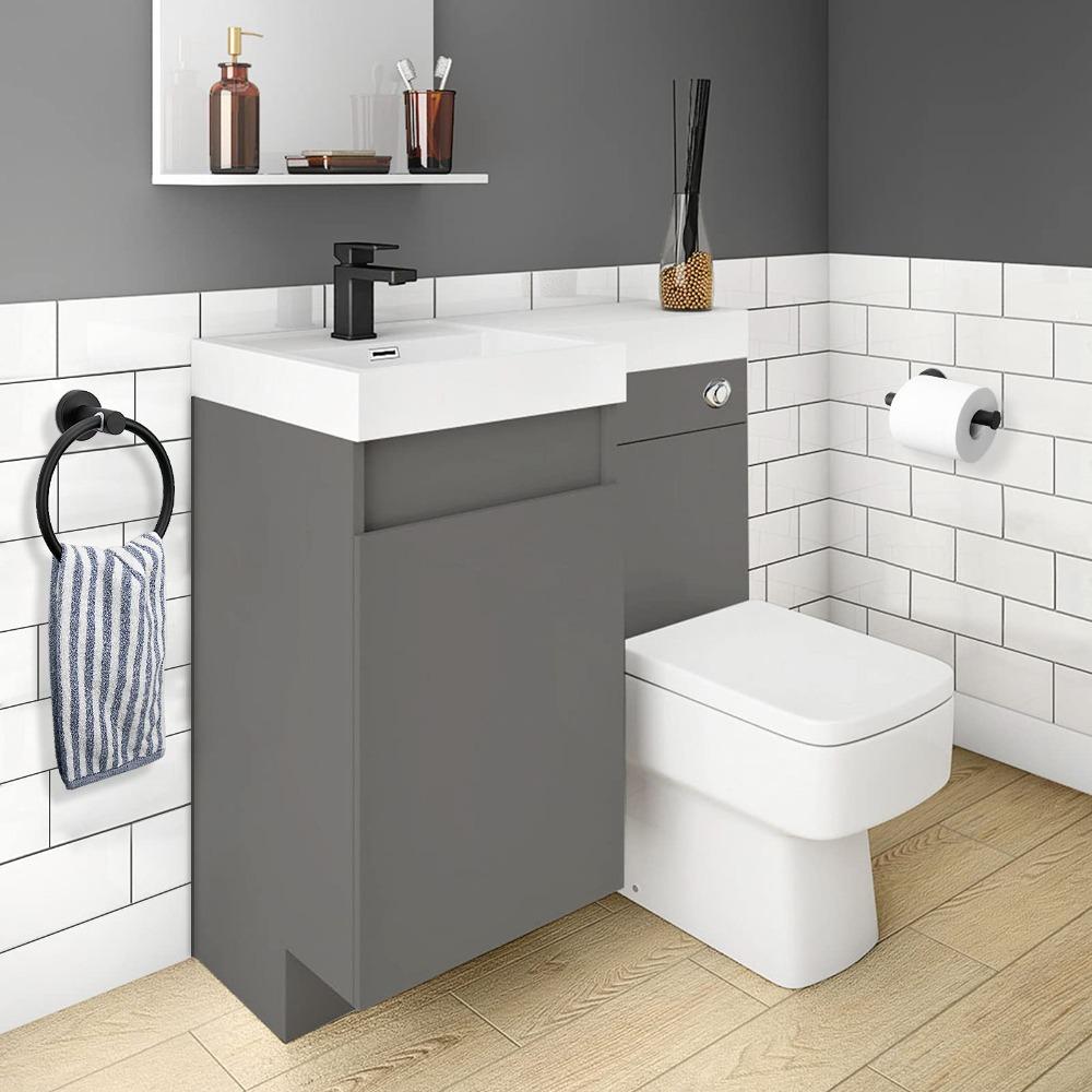 2-piece Stainless Steel Bathroom Accessories Set Including Black Toilet Paper Holder and Black Towel Ring Wall Mounted