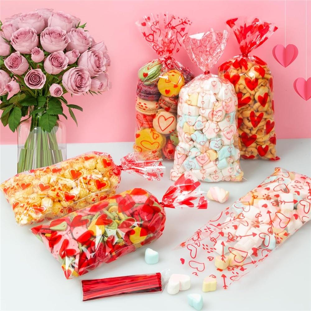 Valentine’s Day Cellophane Treat Bags, 100pcs Clear Goodie Bags With Twist Ties, Valentines Candy Gift Bags For Kids Party Favors (4 Styles)