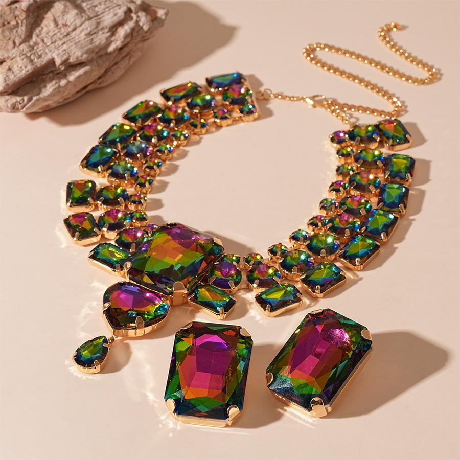 Exaggerated Inlaid Rhinestone Earrings Jewelry Set Square Necklace for Women Wedding Party Accessories