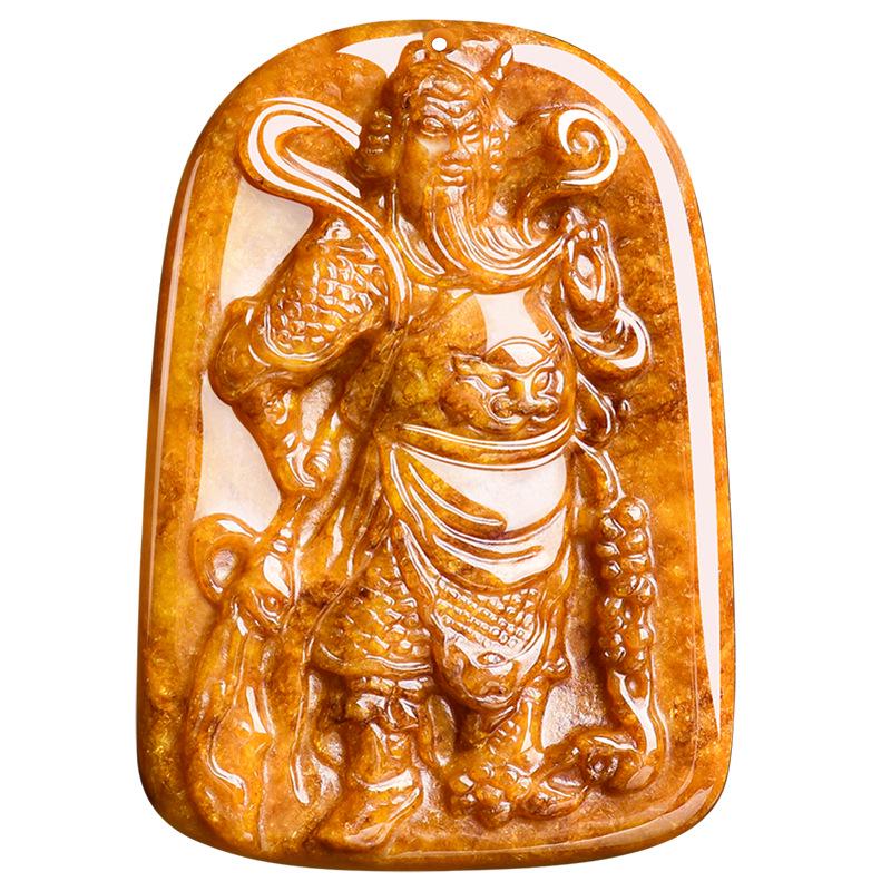 

Natural A-Grade Jade Guan Yu Pendant Necklace - Burned Yellow, Glutinous Texture, Men’s Ornament. Ancient Style Rope