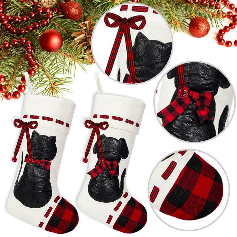 1PCS Polyester Christmas Socks with Black Cat Dog Design Creative Hanging Gift Pouch for Candy Tree Decor Household Supplies