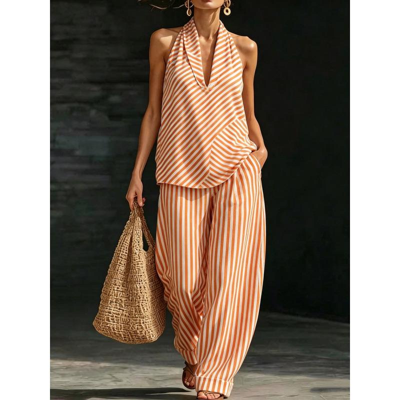 1116 set European and American women's clothing printed neck V-neck sleeveless casual pants set