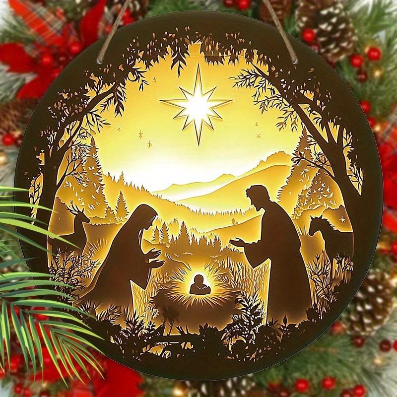 Nativity Wooden Christmas Sign - Jesus Navidad Round Sign for Front Door Wall Hanging Decor - Ideal Christmas Decoration
