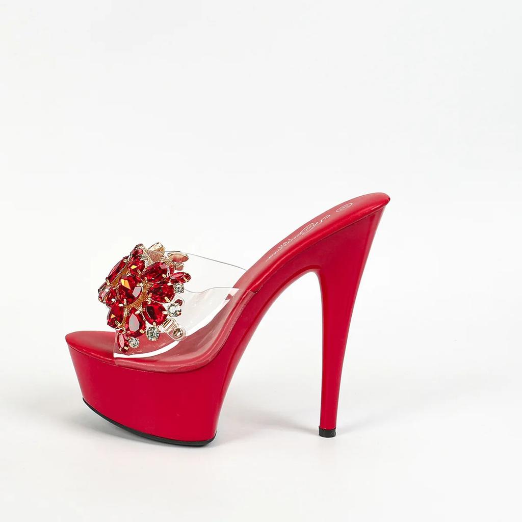 Fashion Design Purple Crystal Diamond Women 15CM Super High Heels Transparent Slippers Platform Sandals Party Dress Shoes Mules