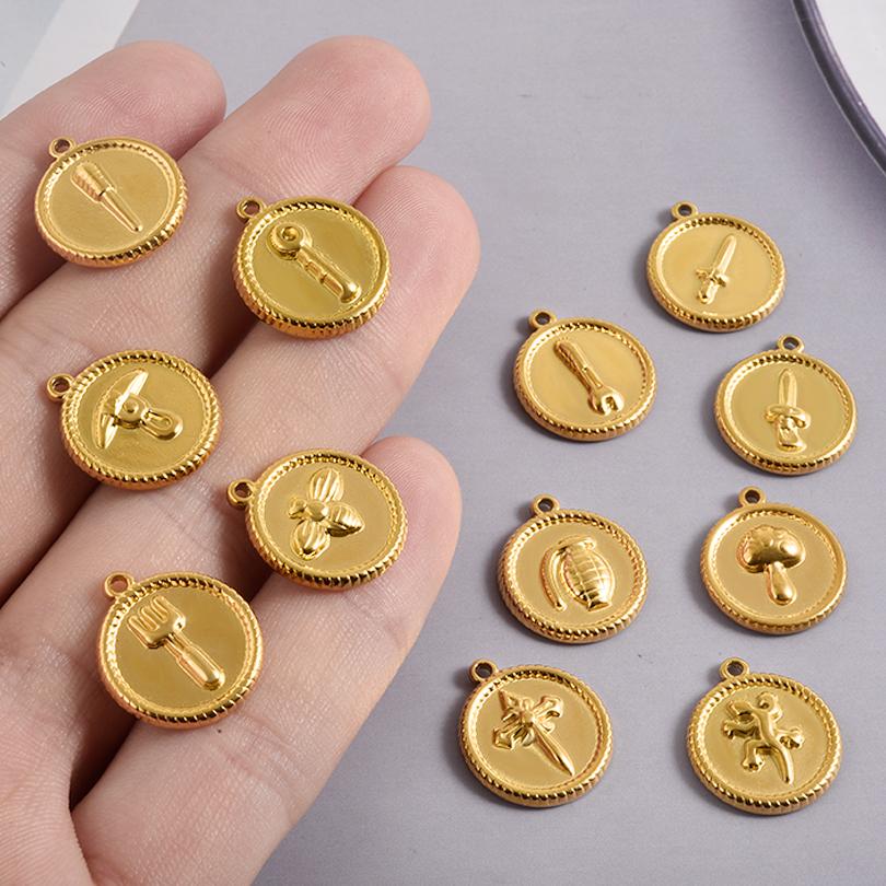 5pcs Pvd Round Charm Tool Wrench Sword Animal Stainless Steel Pendants For Jewelry Making Bracelets Keychain DIY Bag Charms Bulk