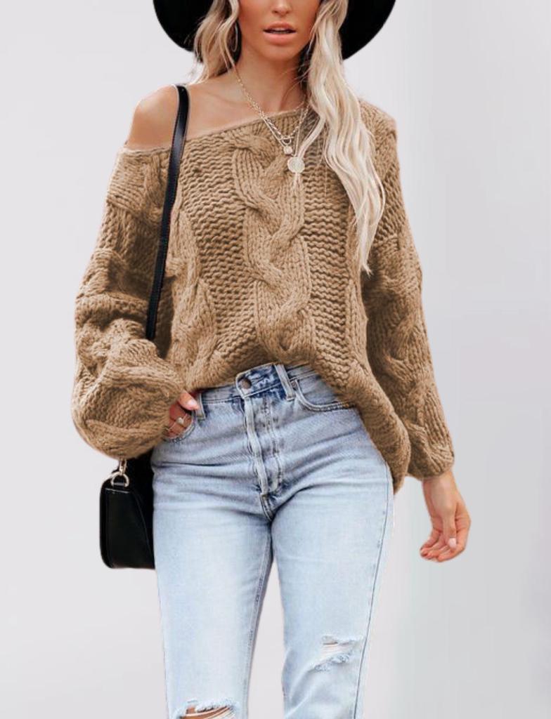 2026 Autumn/Winter European & American Street Style One-Shoulder Cable Knit Loose Plus Size Women's Sweater