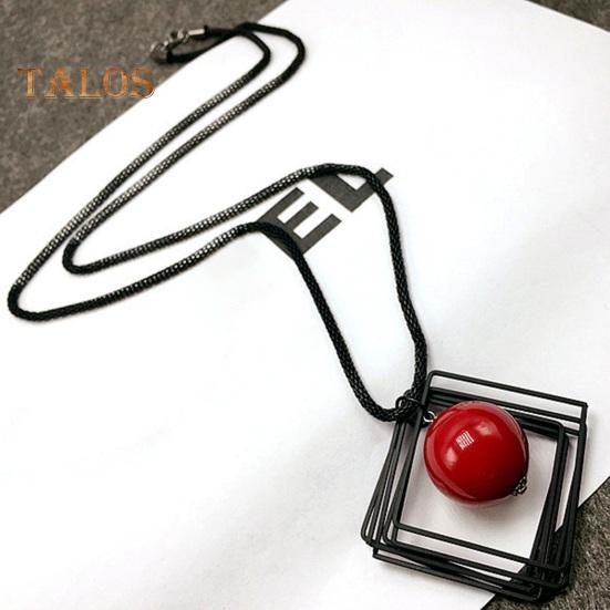 Women Sweater Chain Single-layer Alloy Red Bead Geometric Pendant Clothes Jewelry Dating Prom Party Garment Decoration Necklace