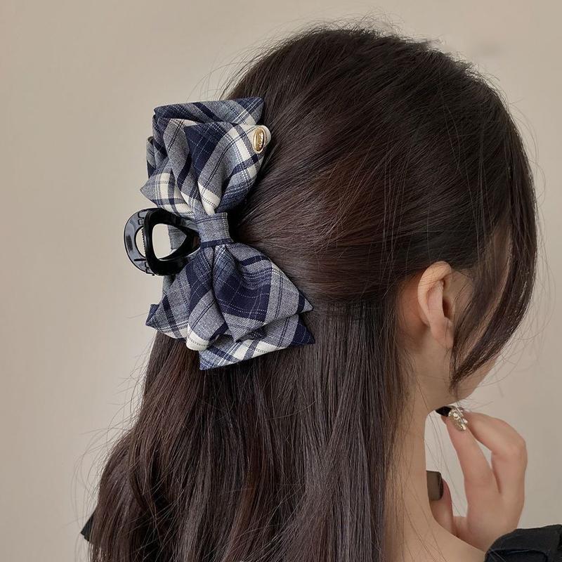 Retro Plaid Shark Clip Korean Temperament Bow Ponytail Clip Hair Accessories
