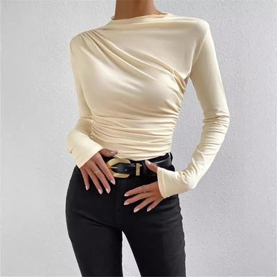 Mode Effen Kleur Slim Fit T-shirt Dames Trendy Alles-match Plooitjes Lange Mouw T-shirts Dames Tops Streetwear Lente