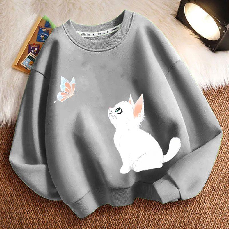 Sudaderas de Gato Lindas para Niños Otoño, Chaquetas Casuales Holgadas de Manga Larga y Cuello Redondo para Niños y Niñas